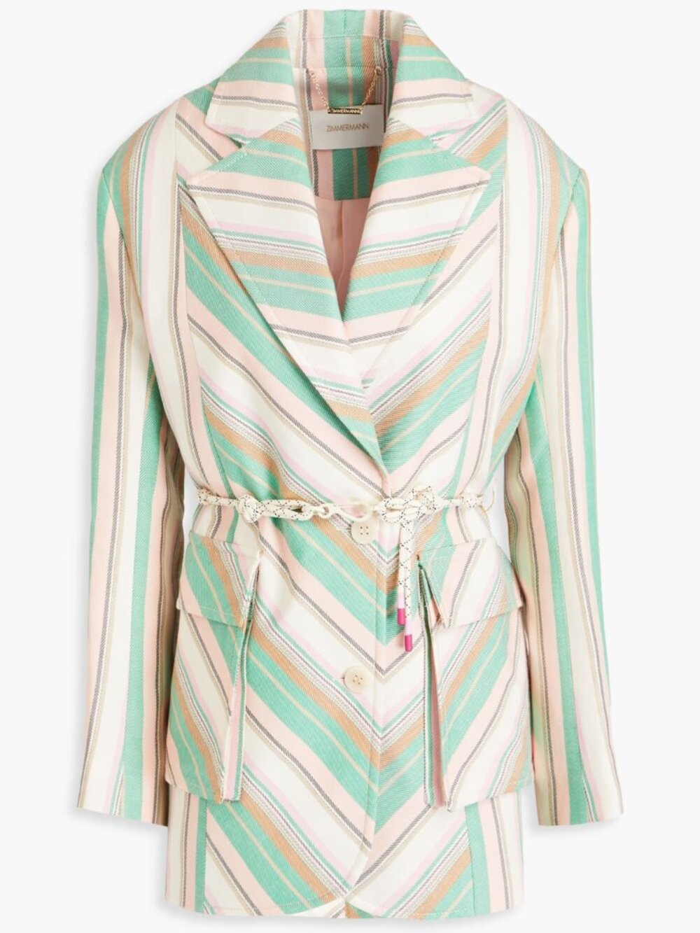 ZIMMERMANN High Tide Striped Belted Viscose / Linen Blazer 3 L 10 $1350